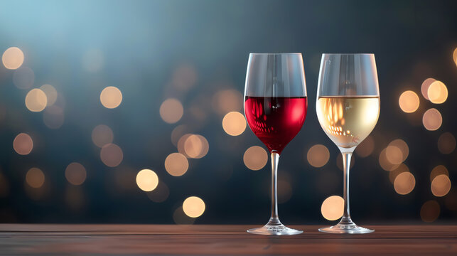 Glasses of red and white wine, elegant nightclub party atmosphere