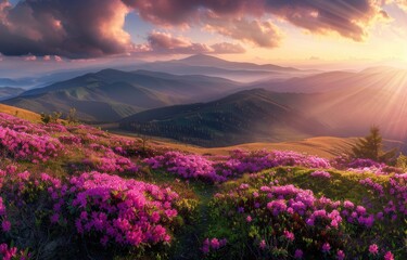 Sunrise Over a Field of Blooming Rhododendrons in the Mountains