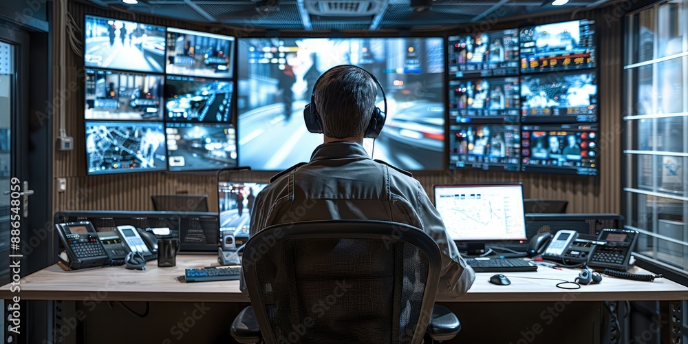 Poster A security office. there is a person sat in his desk with 4 screens and monitors in front of him. it is a surveillance room. Generative AI.