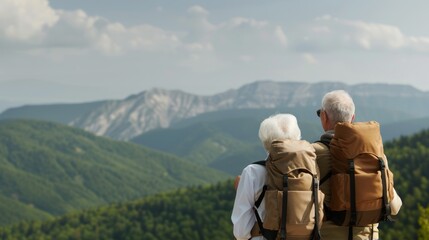 Obraz premium Elderly couple on a scenic hike, surveying the breathtaking views from a hilltop, their exploration bringing them closer together