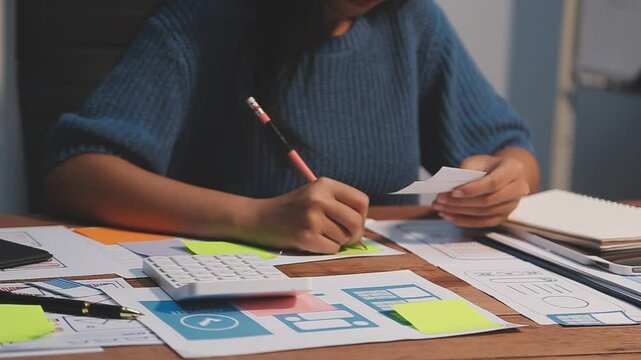 Woman designer create website design wireframe. Sketch, prototype, framework, layout future design project. UI and UX - user interface, user experience designer. Creative concept for web design studio