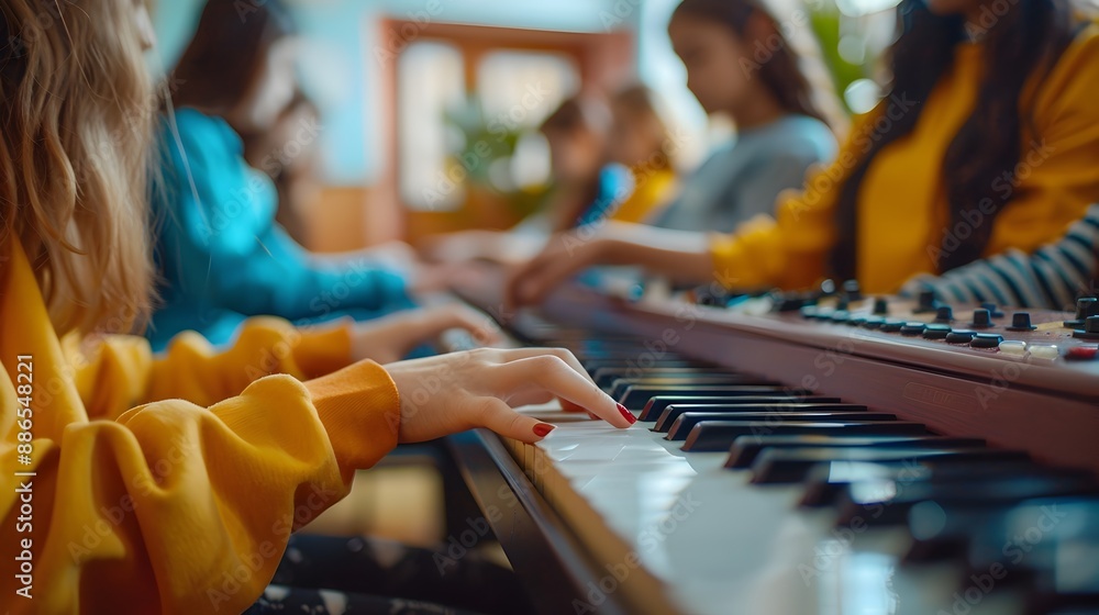 Poster serene music class with students learning instruments and music theory