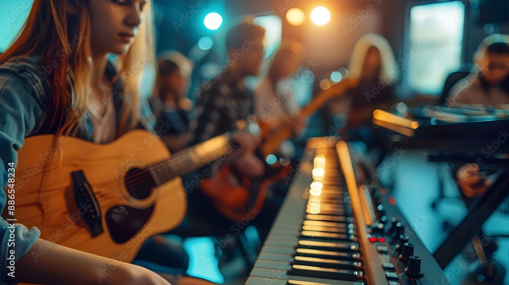 Poster serene music class with students playing instruments and learning music theory