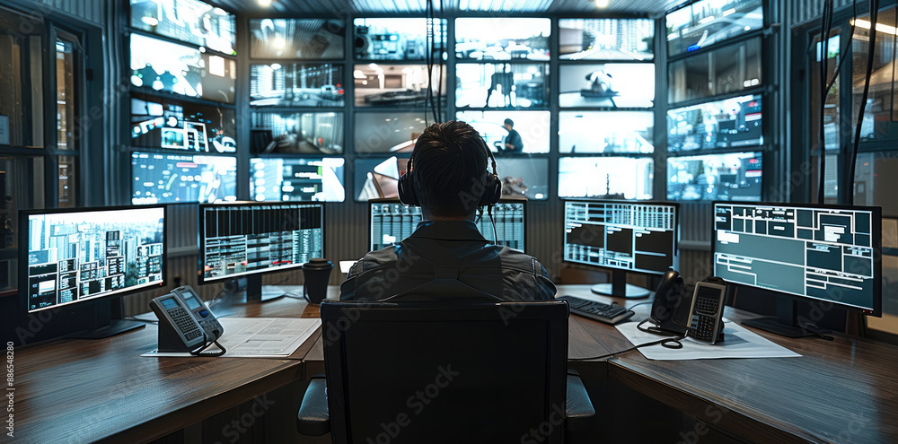 Aufkleber a security office. there is a person sat in his desk with 4 screens and monitors in front of him. it