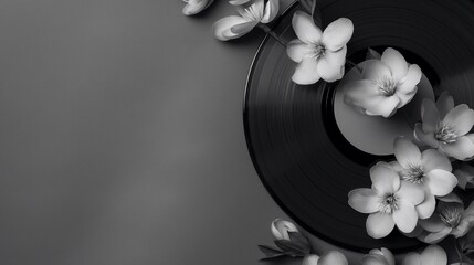 Realistic retro vinyl record with flowers on a one colored background