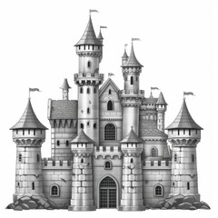 Obraz premium Intricately Detailed Ancient Castle Architecture Clipart in Grayscale Isolated on White Background