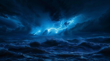 A minimalistic dark ocean storm with intense lightning, waves crashing, set against a deep navy blue night sky