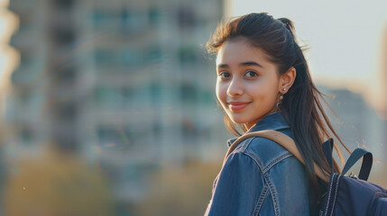 Obraz premium Front view of a beautiful young girl student wearing a casual outfit with school bag with soft blurred city on the background and natural day light
