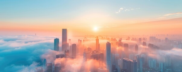 Obraz premium City skyline shrouded in smog, global warming, pollution impact