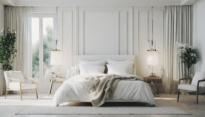Interior of modern bedroom with white walls, wooden floor, comfortable king size bed and wooden wardrobe. 3d render