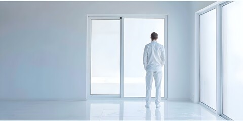 Fototapeta premium Man in white suit sprays glass door representing cleaning or maintenance services. Concept Cleaning Services, Maintenance Work, Professional Cleaner, Glass Door Maintenance, Man in White Suit