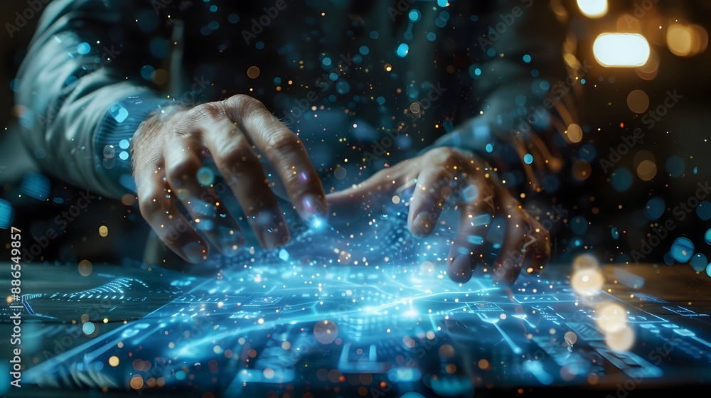 Poster futuristic holographic interface enhancing and data visualization in business meetings