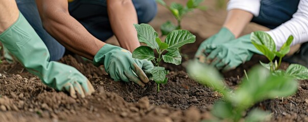 Diverse group of people planting trees together, change, environmental action
