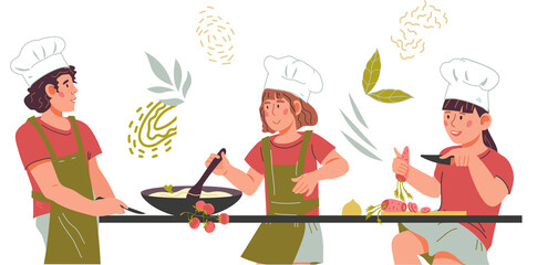 Cooking children characters for cooking class banner or poster. Chief master class for kids, culinary classes with children prepare food.