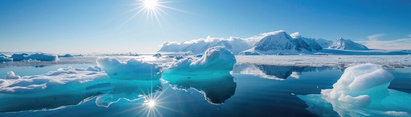 Melting polar ice caps under a bright sun, global warming, climate crisis