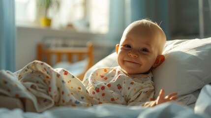 Young baby patient,&nbsp;healthcare service,&nbsp;hand for empathy,&nbsp;love and healing in hospital bed concept.&nbsp;Smiling cheerful child sick kid in medical care hospice bald after course chemotherapy treatment