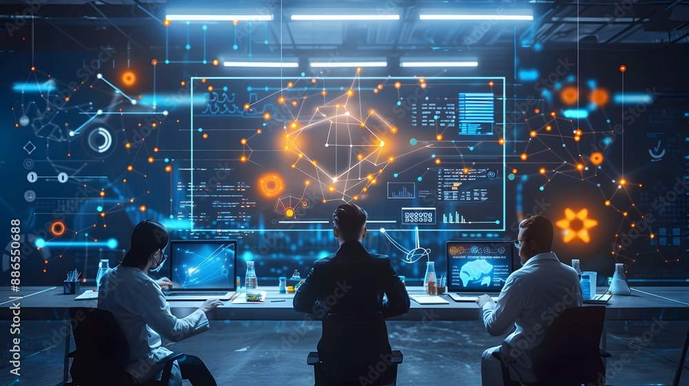 Poster team of scientists harnessing algorithms to analyze complex data for research and innovation