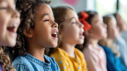 Obraz premium Group of children singing together in a choir practice