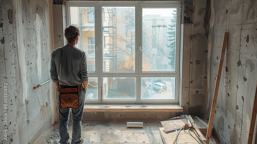 Poster a professional designer is calibrating some windows in an unfinished house. there are visible signs 