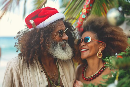 Senior Couple Celebrates Christmas on a Tropical Beach