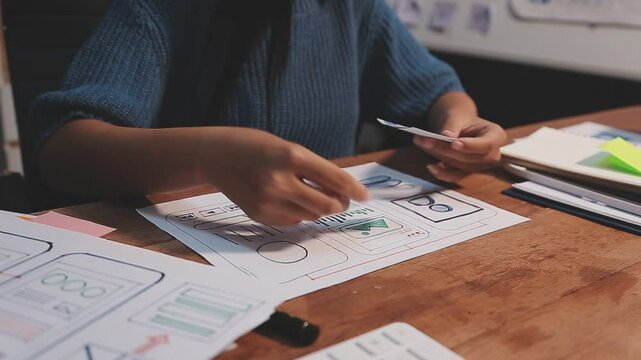 Woman designer create website design wireframe. Sketch, prototype, framework, layout future design project. UI and UX - user interface, user experience designer. Creative concept for web design studio