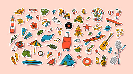 Big set of summer themed doodle stickers