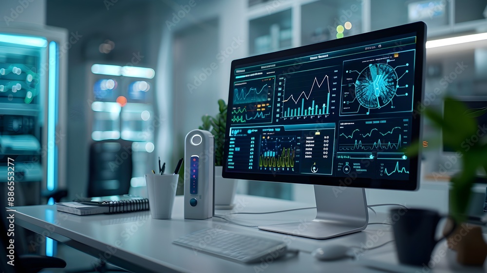 Poster high tech healthcare monitoring station with advanced diagnostic tools and real time patient data an