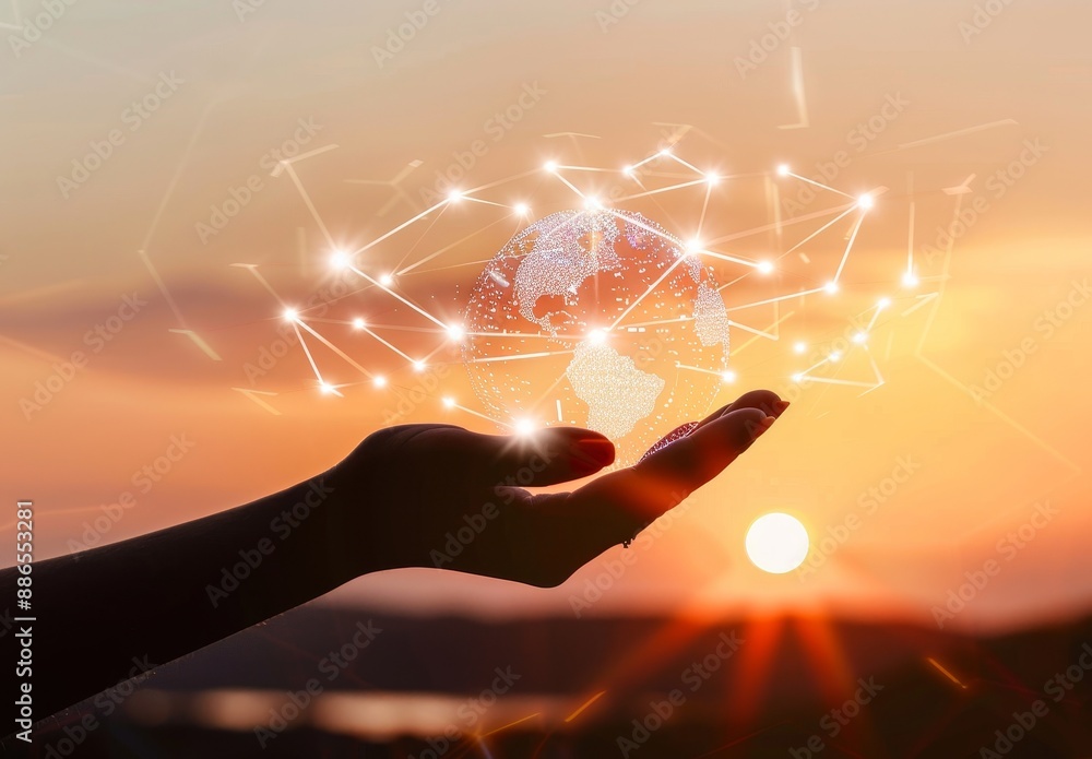 Aufkleber in the background of a natural landscape, a man holds a global network and data connection for a cus