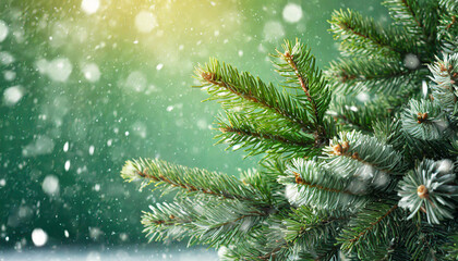 Beautiful green fir tree branches close up. Christmas and winter concept