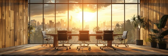 Modern conference room with cityscape view at sunset, sleek design, and large windows bringing in natural light.