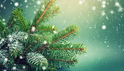 Beautiful green fir tree branches close up. Christmas and winter concept