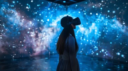 Silhouetted Woman Exploring Immersive Digital Worlds in Surreal Starry Night Landscape