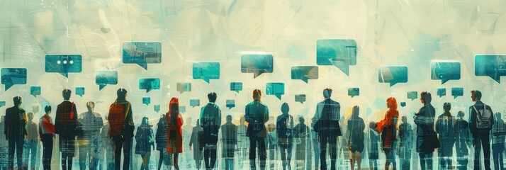 Silhouettes of diverse people with communication speech bubbles, representing social interaction and digital communication concepts.