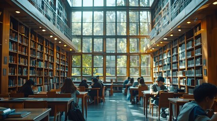 Serene College Library Students Studying Amid Bookshelves and Natural Light