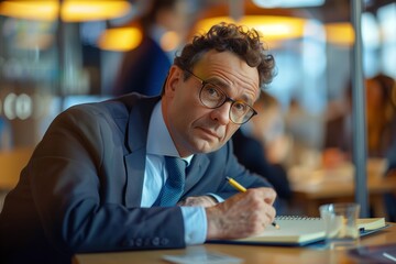 A man in a suit and glasses sits at a cafe table, thoughtfully taking notes in a notebook with a pen. The cafe is bustling with activity and soft lighting.