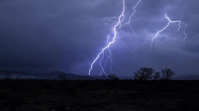 Dramatic lightning storm over a stark and barren landscape