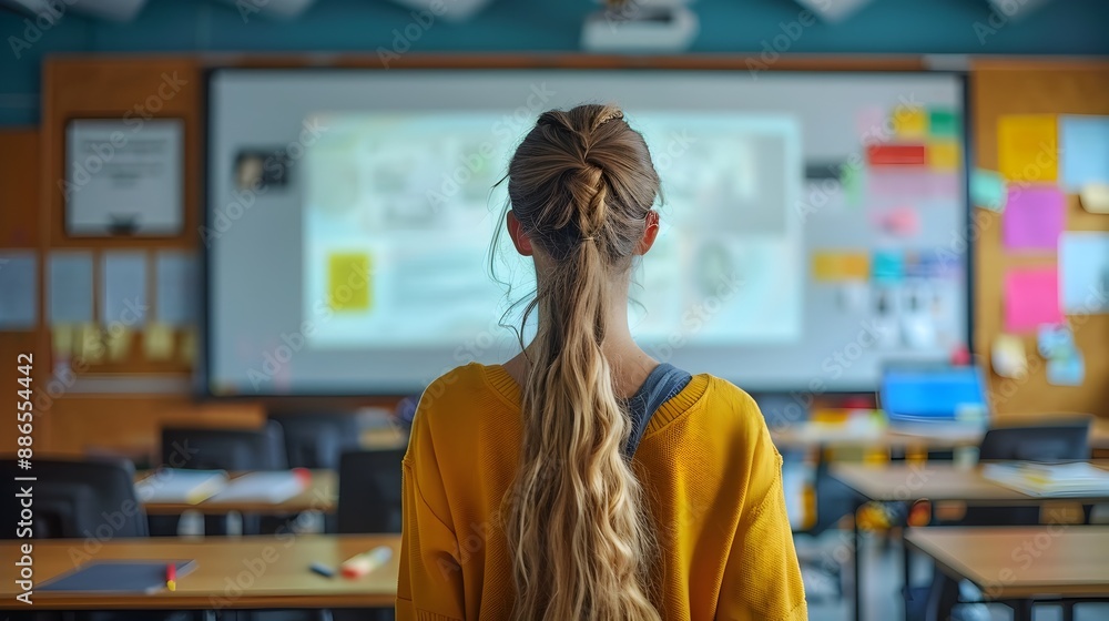 Poster modern classroom with teacher using smartboard for interactive digital lesson
