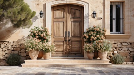 Grand entrance with a large wooden door and a handcrafted stone archway  