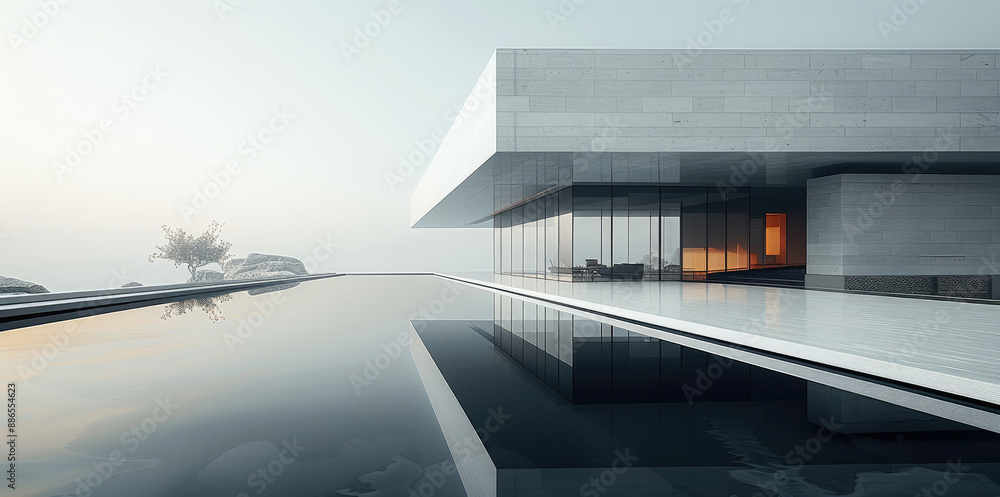 Aufkleber minimal, striking modern architecture, water reflection.clean lines, geometric composition. generati