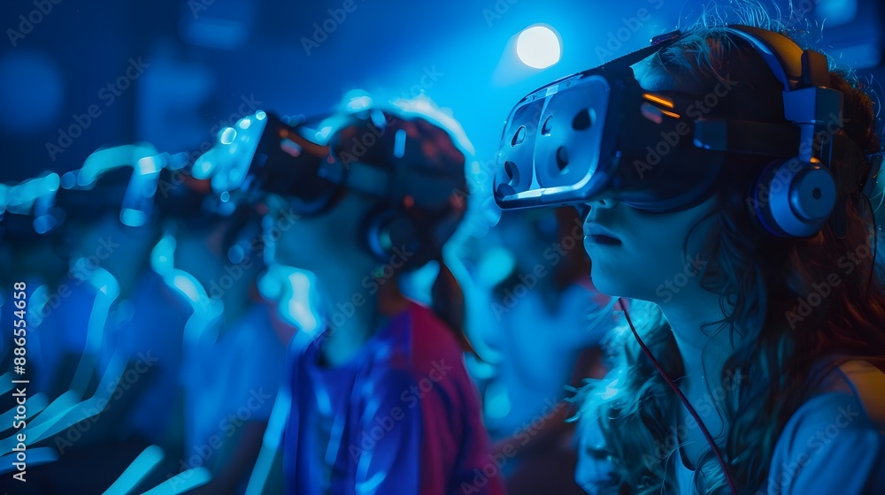 Poster futuristic virtual reality classroom with students exploring historical events through immersive tec