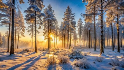 Fototapeta premium Serene winter forest landscape at dawn, snow-covered trees stand tall amidst frosty mist, gentle sunlight casts a warm glow on the frozen woodland floor.