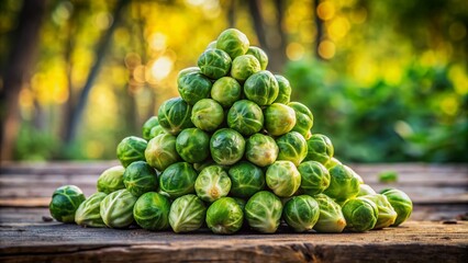 Freshly harvested vibrant green Brussels sprouts arranged in a decorative pyramidal shape on a rustic wooden table against a soft natural background.
