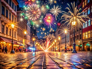 Vibrant city center scene on New Year's Eve, illuminated by sparkling fireworks and twinkling lights, with colorful sparklers scattered on the empty pavement.