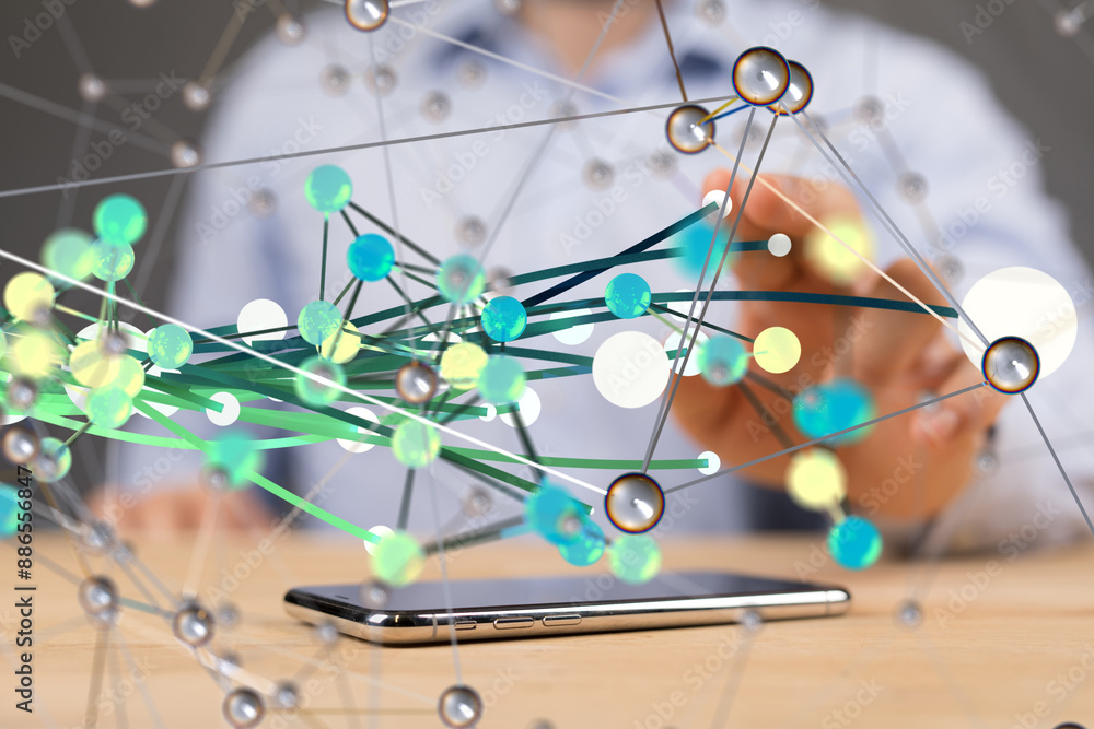 Aufkleber Global network. Blockchain. 3D illustration. Neural networks and artificial intelligence. Abstract