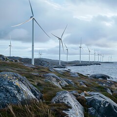  Image of wind turbines along the coastline with a cloudy sky surrounded by rocks and grasses. 