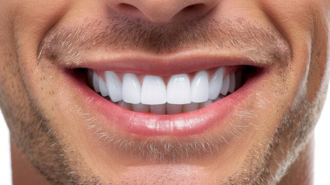 Perfect white teeth man close up. Male toothy veneer smile. Dental care and stomatology