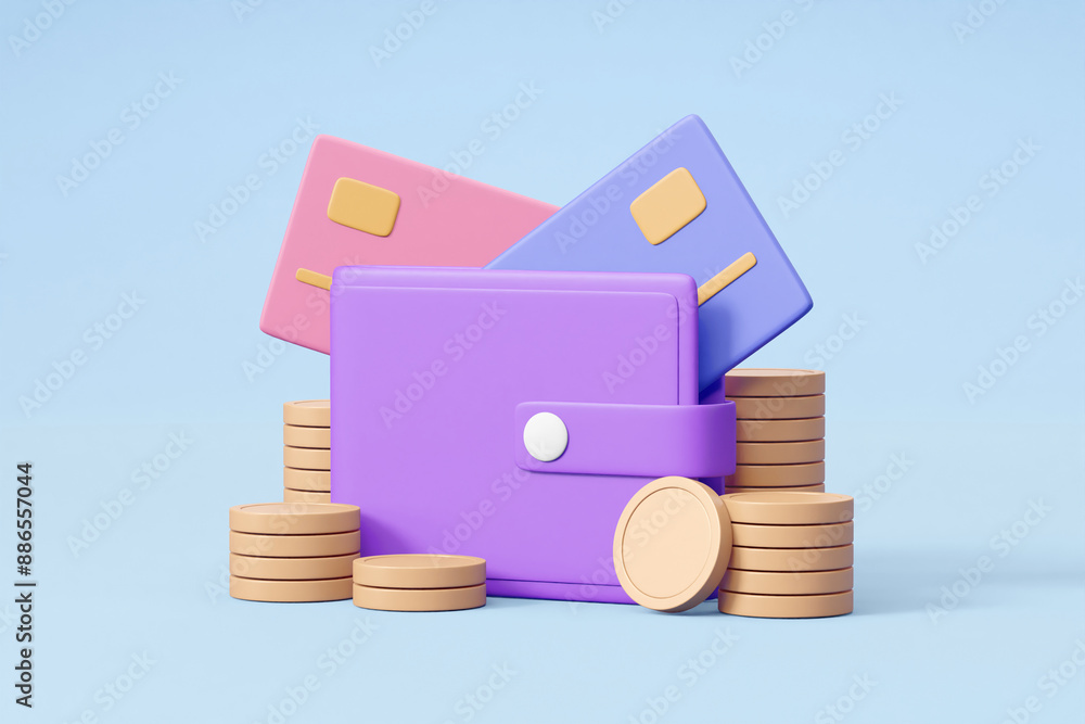 Aufkleber a 3d render showcasing the digital payment process with a wallet, stack of coins, and credit card, e
