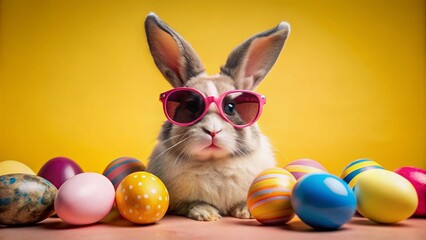Adorable bunny wearing trendy pink sunglasses, surrounded by colorful Easter eggs, isolated on bright yellow background, perfect for fun holiday greeting cards and celebrations.