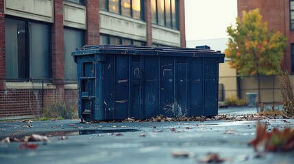 Fototapeta premium A big navy blue dumpster in front of building. Generative AI.