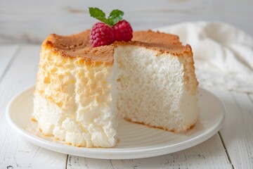 Angel food cake on white plate, photo shoot for ads, white wood background image.